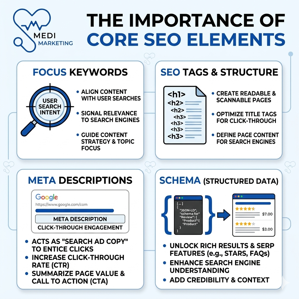 Core SEO elements for medical websites including focus keywords, SEO tags, meta descriptions, and schema structure for better patient search visibility.